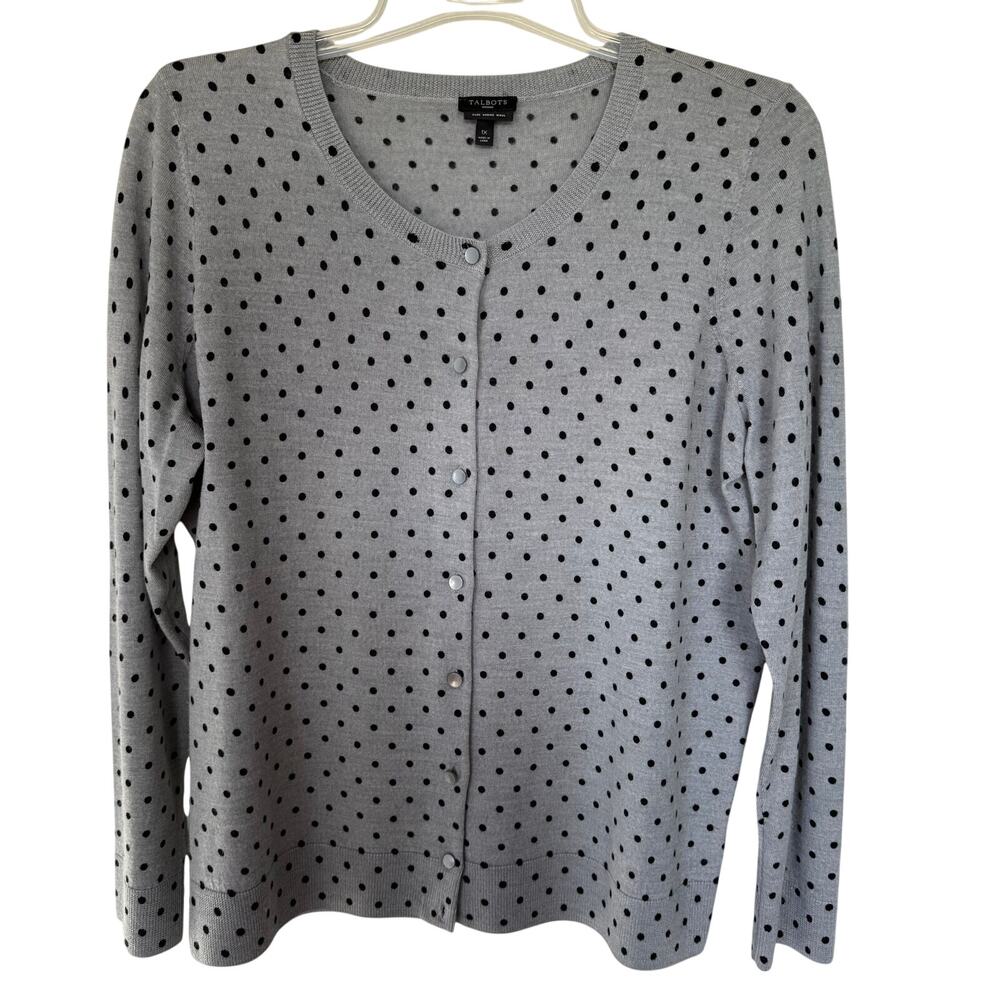 Talbots Gray Black Polkadot Pure Merino Wool Cardigan Size 1X - Picture 2 of 9